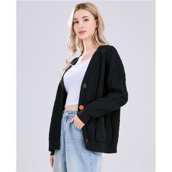 Women's Cable Knit Long Sleeve Open Front Cardigan Sheep V-Neck Button Down - Picture 6 of 6